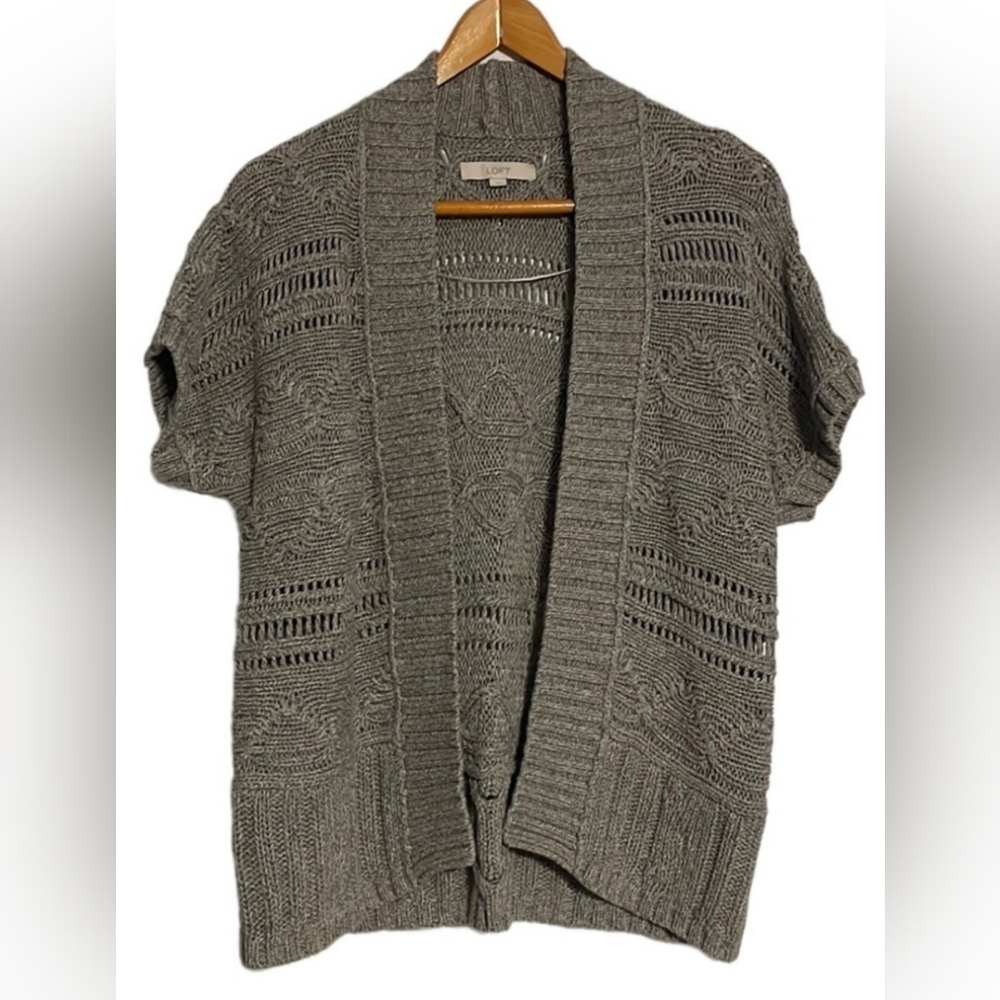 Loft Gray Chunky Knit Shirt Sleeve Sweater Open Front Cardigan Size Large